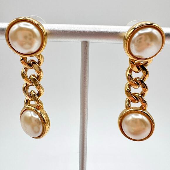 Erwin Pearl Faux Pearl Cabochon Curb Chain Drop Earrings Gold Tone Chic Signed - Picture 3 of 12